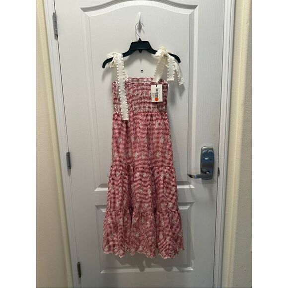 JACQUIE THE LABEL Red Isabella Gingham Embroidered Tiered Midi Dress Size S NWT - Picture 6 of 8